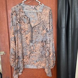 Juicy Couture Black Tan Blouse work top handkerchief hem flowy boho glam XL